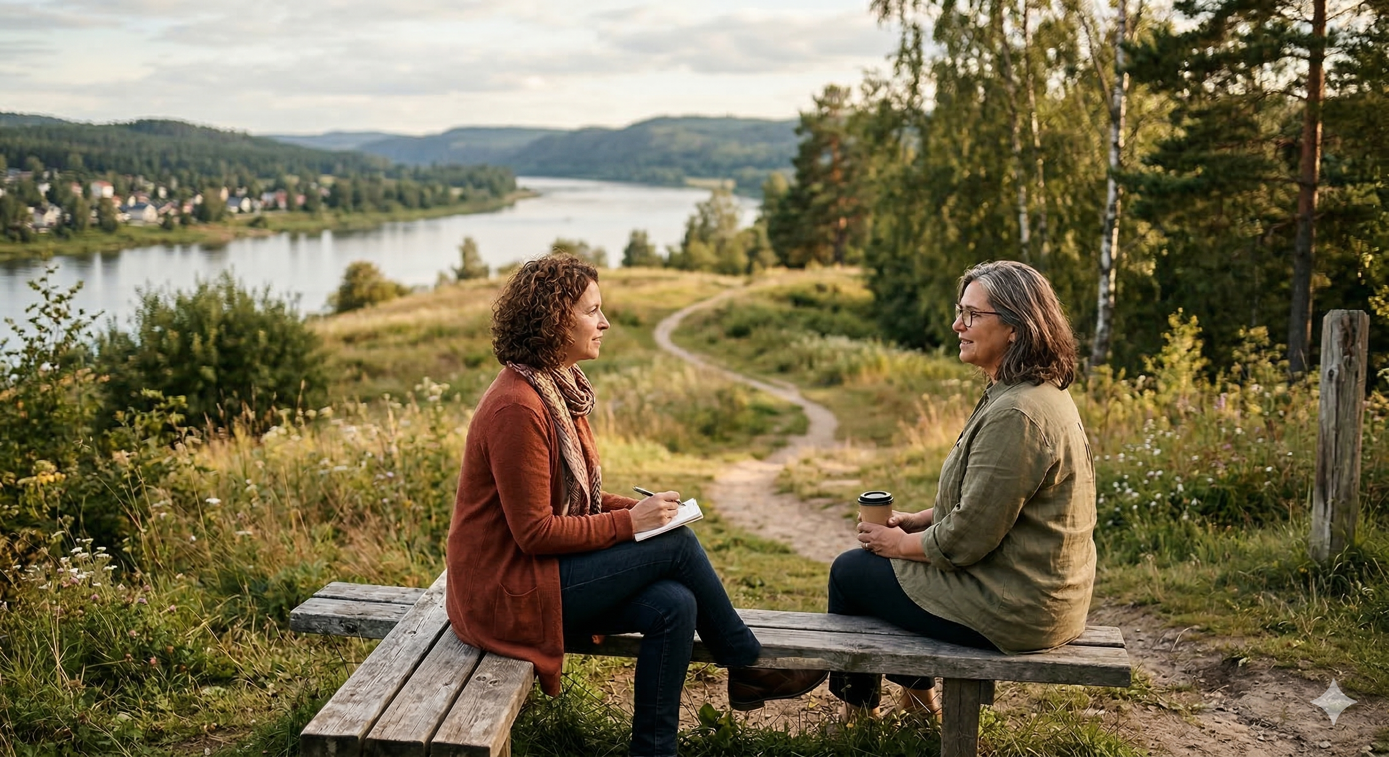 Duas pessoas conversando em um cenário natural