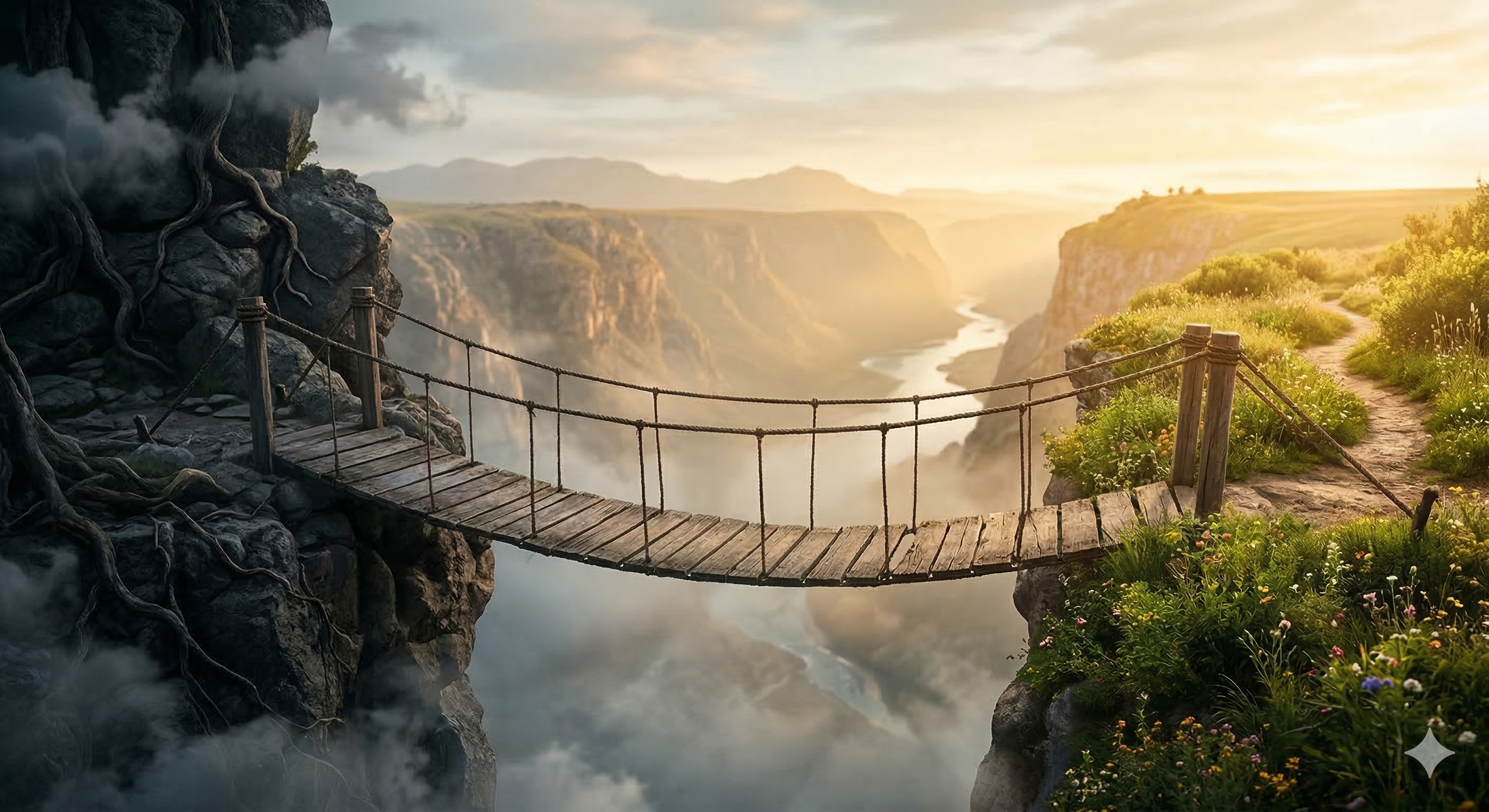 Ponte suspensa entre montanhas ao amanhecer