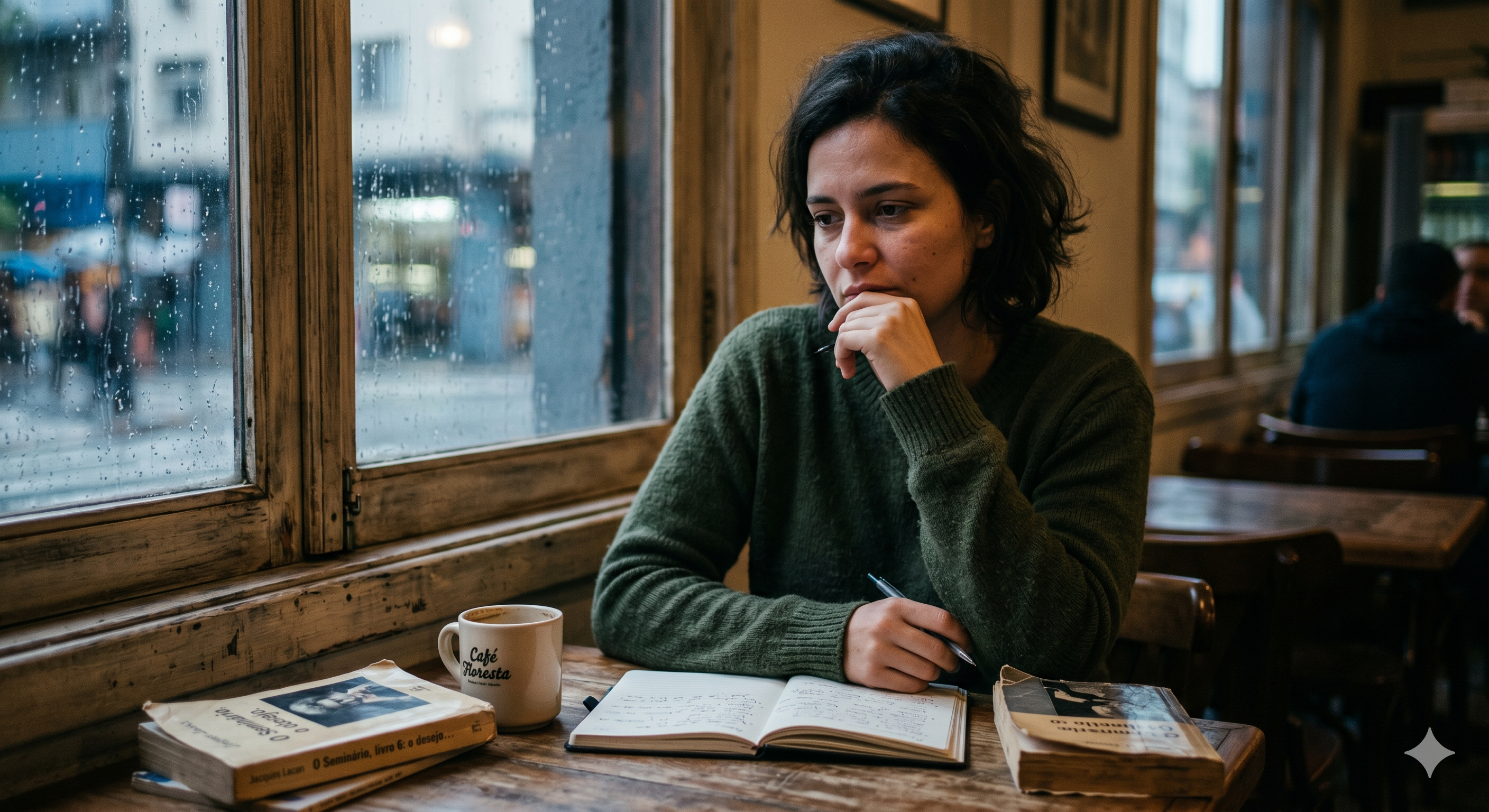 Mulher contemplativa sentada em um café, olhando pela janela